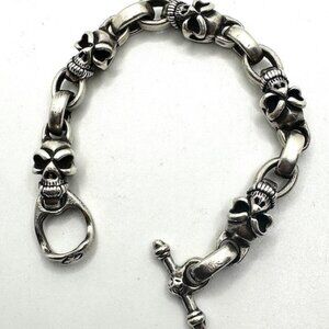 BWL Bill Wall Leather 5 Skull Toggle Clasp Bracelet  925 Sterling Silver
